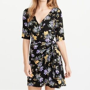 Abercrombie & Fitch Floral Faux Wrap Mini Dress  Size XS S/S Black Yellow Y2K